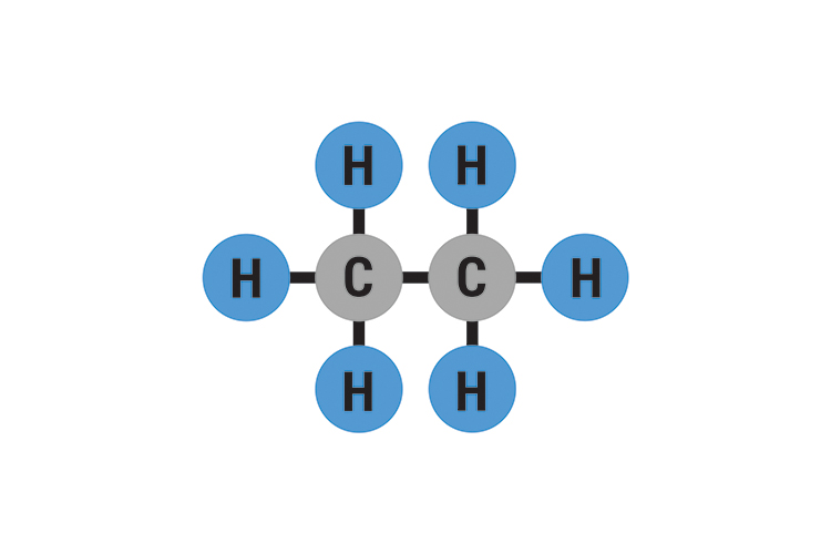 Ethane has 2 carbon atoms with 6 hydrogen atoms bonded